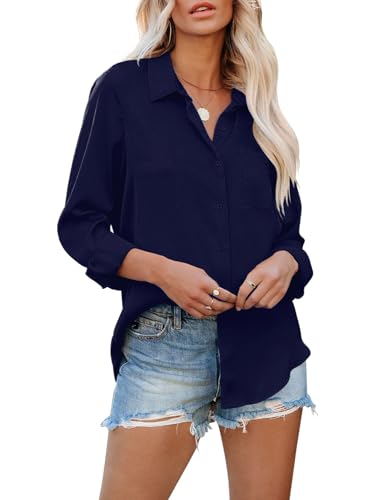 MAVIS LAVEN Damen Bluse Elegant V-Ausschnitt Hemden Langarm Casual Arbeit Oberteile mit Knöpfen Hemd Lose Langarmshirt Einfarbig Tops von MAVIS LAVEN