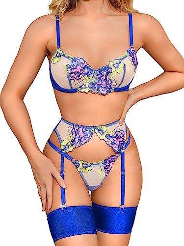 MAVIS LAVEN Damen Dessous Set mit Floraler Stickerei und Bügel-G-String-Strumpfband,5-teiliges Dessous von MAVIS LAVEN