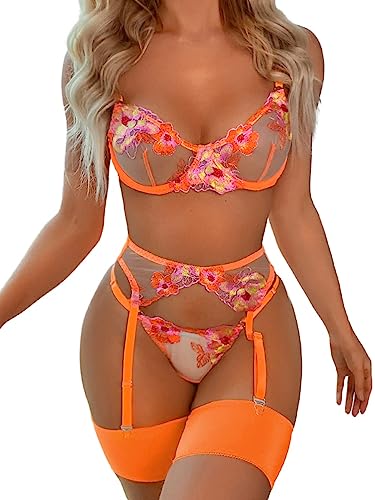 MAVIS LAVEN Damen Dessous Set mit Floraler Stickerei und Bügel-G-String-Strumpfband,5-teiliges Dessous von MAVIS LAVEN