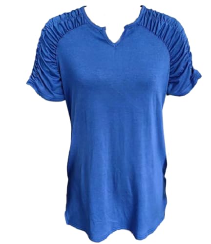 MAVIS LAVEN Damen Lässig Blütenblatt Ärmel V-Ausschnitt Shirts Plissee Schlüsselloch vorne Scoop Nacken Lockere Passform Oberteile Ösen Tuniken Blusen Tops(1-Blau A,Medium) von MAVIS LAVEN