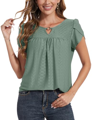 MAVIS LAVEN Damen Lässig Blütenblatt Ärmel V-Ausschnitt Shirts Plissee Schlüsselloch vorne Scoop Nacken Lockere Passform Oberteile Ösen Tuniken Blusen Tops(1-Grün,Large) von MAVIS LAVEN