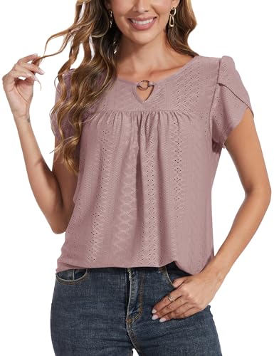 MAVIS LAVEN Damen Lässig Blütenblatt Ärmel V-Ausschnitt Shirts Plissee Schlüsselloch vorne Scoop Nacken Lockere Passform Oberteile Ösen Tuniken Blusen Tops(1-Rosa,Medium) von MAVIS LAVEN