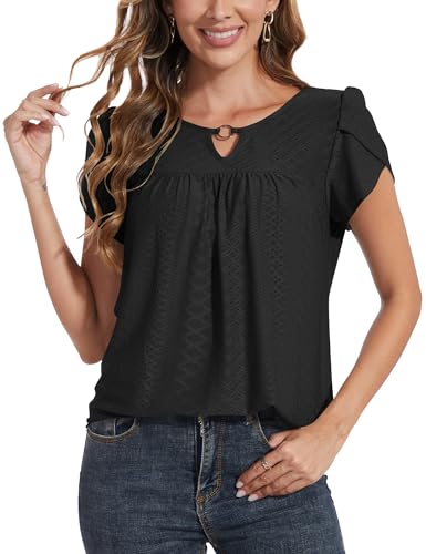 MAVIS LAVEN Damen Lässig Blütenblatt Ärmel V-Ausschnitt Shirts Plissee Schlüsselloch vorne Scoop Nacken Lockere Passform Oberteile Ösen Tuniken Blusen Tops(1-Schwarz,X-Large) von MAVIS LAVEN