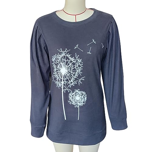 MAVIS LAVEN Damen Löwenzahn-Sweatshirt langärmelig Rundhalsausschnitt Pullover Oberteil lässig locker Puffärmel Tunika Oberteil Grafik-T-Shirt, Dunkelgrau, L von MAVIS LAVEN