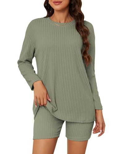 MAVIS LAVEN Damen-Pyjama, 2-teilig, Kurze Sets, Gerippter Strick, passendes Lounge-Set, langärmelig, Biker-Outfits, lässig, lockere Loungewear, Pullover-Pjs von MAVIS LAVEN