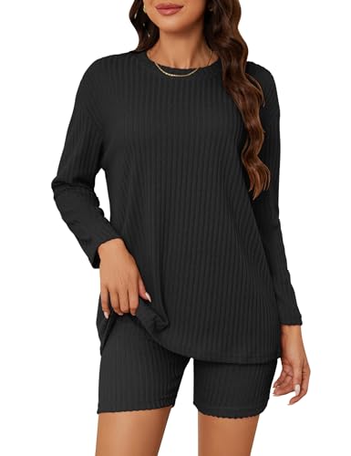 MAVIS LAVEN Damen-Pyjama, 2-teilig, Kurze Sets, Gerippter Strick, passendes Lounge-Set, langärmelig, Biker-Outfits, lässig, lockere Loungewear, Pullover-Pjs von MAVIS LAVEN