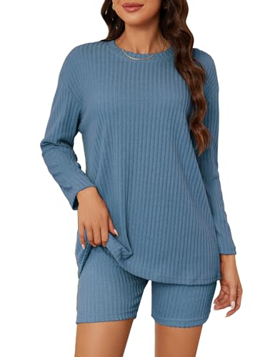 MAVIS LAVEN Damen-Pyjama, 2-teilig, Kurze Sets, Gerippter Strick, passendes Lounge-Set, langärmelig, Biker-Outfits, lässig, lockere Loungewear, Pullover-Pjs von MAVIS LAVEN