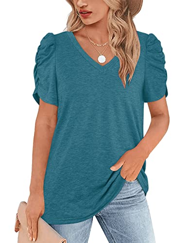 MAVIS LAVEN Damen-Sommer-Tops, V-Ausschnitt, plissiert, Puffärmel, T-Shirts, Elegante, lässige Damen-Kurzarm-Tops von MAVIS LAVEN