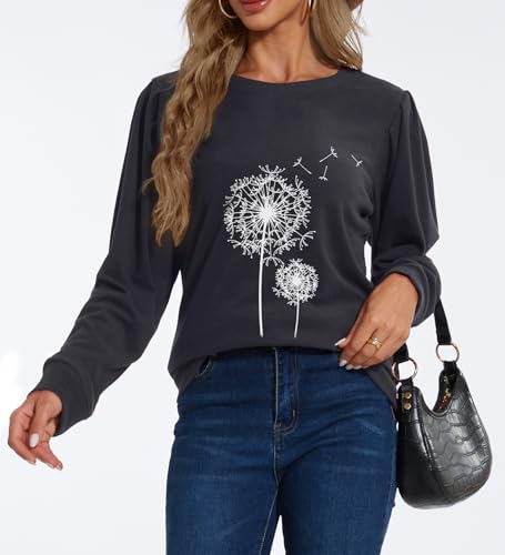 MAVIS LAVEN Damen Sweatshirt Löwenzahn langärmelig Rundhalsausschnitt Pusteblume Pullover Oberteil lässig lockeres Puffärmeln Bluse Tops für Frühling Herbst Winter, Dunkelgrau, 2XL von MAVIS LAVEN