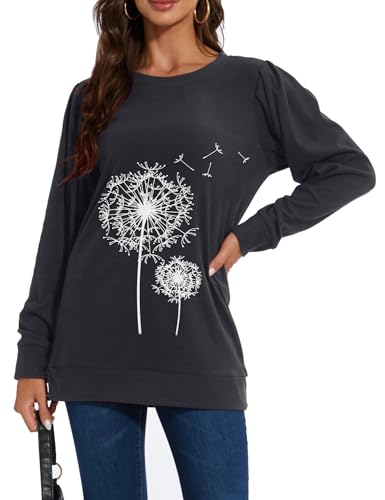 MAVIS LAVEN Damen Sweatshirt Löwenzahn langärmelig Rundhalsausschnitt Pusteblume Pullover Oberteil lässig lockeres Puffärmeln Bluse Tops für Frühling Herbst Winter, Dunkelgrau, S von MAVIS LAVEN