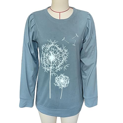 MAVIS LAVEN Damen Sweatshirt Löwenzahn langärmelig Rundhalsausschnitt Pusteblume Pullover Oberteil lässig lockeres Puffärmeln Bluse Tops für Frühling Herbst Winter, Grün, L von MAVIS LAVEN