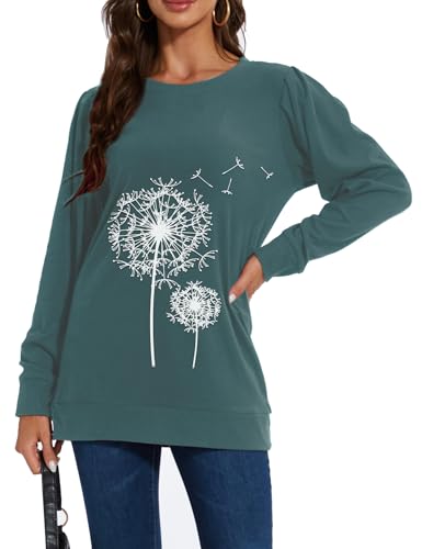 MAVIS LAVEN Damen Sweatshirt Löwenzahn langärmelig Rundhalsausschnitt Pusteblume Pullover Oberteil lässig lockeres Puffärmeln Bluse Tops für Frühling Herbst Winter, Grün, M von MAVIS LAVEN