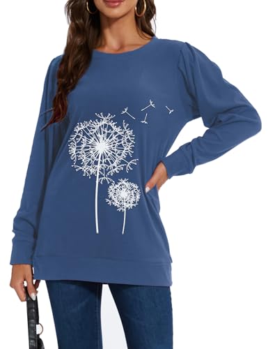 MAVIS LAVEN Damen Sweatshirt Löwenzahn langärmelig Rundhalsausschnitt Pusteblume Pullover Oberteil lässig lockeres Puffärmeln Bluse Tops für Frühling Herbst Winter, Haze Blue, L von MAVIS LAVEN