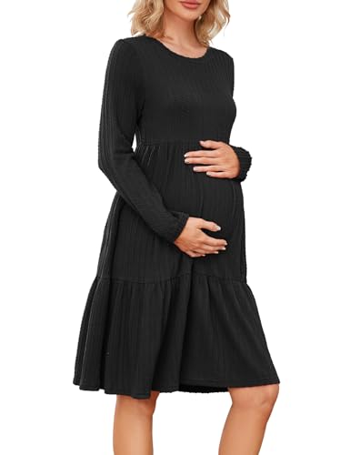 MAVIS LAVEN Damen Umstandskleid Rippstrick Rundhalsausschnitt Langarm Lässige Schwangerschaftskleider für Fotoshooting Babyparty, Schwarz S von MAVIS LAVEN