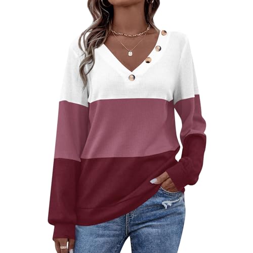 MAVIS LAVEN Damen Waffelstrick Pullover V-Ausschnitt langärmelig Tops mit Dekorative Knöpfe Lässig Lose Tunika Shirts von MAVIS LAVEN