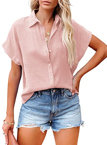 MAVIS LAVEN Kurzarm Bluse Damen Baumwolle Hemdshirt Button Down Oberteil Tunika Sommershirt Hemdbluse von MAVIS LAVEN