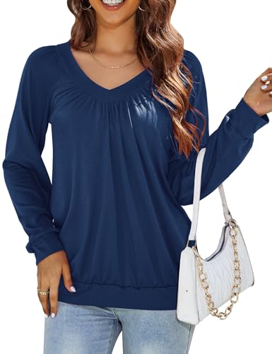 MAVIS LAVEN Langarmshirt Damen T Shirt Langarm V-Ausschnitt Plissierte Tunika Elegant Bluse Shirt Lose Lässig Herbst Einfarbig Oberteile,Dunkelblau,L von MAVIS LAVEN