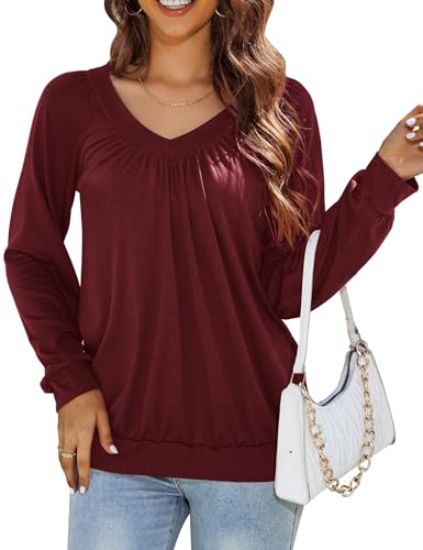 MAVIS LAVEN Langarmshirt Damen T Shirt Langarm V-Ausschnitt Plissierte Tunika Elegant Bluse Shirt Lose Lässig Herbst Einfarbig Oberteile,Rotwein,M von MAVIS LAVEN