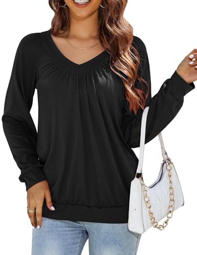 MAVIS LAVEN Langarmshirt Damen T Shirt Langarm V-Ausschnitt Plissierte Tunika Elegant Bluse Shirt Lose Lässig Herbst Einfarbig Oberteile,Schwarz,M von MAVIS LAVEN