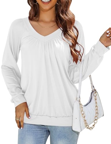 MAVIS LAVEN Langarmshirt Damen T Shirt Langarm V-Ausschnitt Plissierte Tunika Elegant Bluse Shirt Lose Lässig Herbst Einfarbig Oberteile,Weiß,M von MAVIS LAVEN