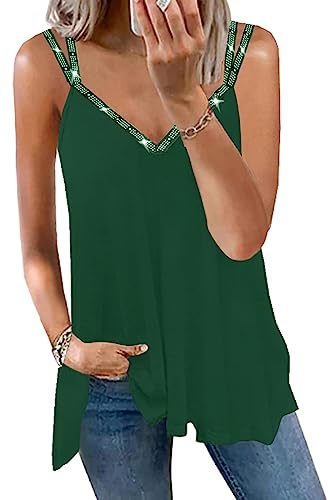 MAVIS LAVEN Spaghetti Top Damen Funkelnd Strass Sexy V-Ausschnitt Strap Cami Sommer Ärmellose Blusen Oberteile Party Cocktail，Grün,2XL von MAVIS LAVEN