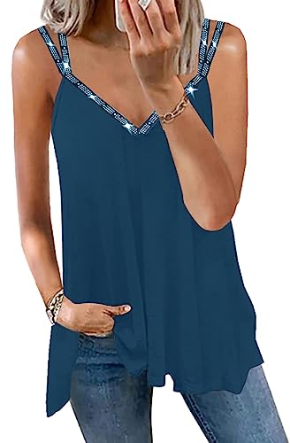 MAVIS LAVEN Spaghetti Top Damen Funkelnd Strass Sexy V-Ausschnitt Strap Cami Sommer Ärmellose Blusen Oberteile Party Cocktail，Marineblau,L von MAVIS LAVEN