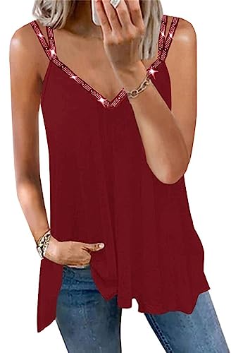 MAVIS LAVEN Spaghetti Top Damen Funkelnd Strass Sexy V-Ausschnitt Strap Cami Sommer Ärmellose Blusen Oberteile Party Cocktail，Weinrot,S von MAVIS LAVEN