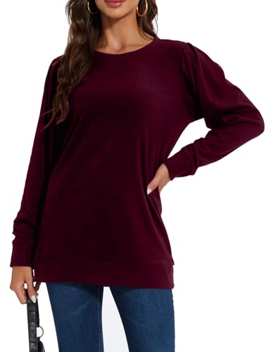 MAVIS LAVEN Sweatshirts für Damen Langarm Rundhalsausschnitt Puffärmel Pullover Oberteil Lockere Lässige Langarm Tunika Herbst Winter Bluse Tops, Red Vine, S von MAVIS LAVEN