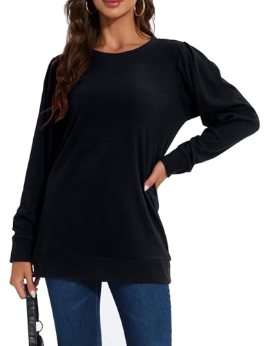 MAVIS LAVEN Sweatshirts für Damen Langarm Rundhalsausschnitt Puffärmel Pullover Oberteil Lockere Lässige Langarm Tunika Herbst Winter Bluse Tops, Schwarz, S von MAVIS LAVEN