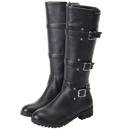 MAVMAX Damen-Motorradstiefel mit Reißverschluss, kniehoch, runder Zehenbereich, klobiger niedriger Absatz, Bikerstiefel, Schnalle, langer Reitstiefel, Schwarz, 36 EU von MAVMAX