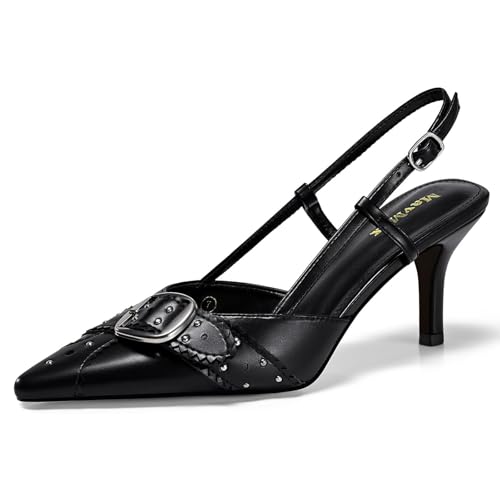 MAVMAX Slingback-Absatzschuhe für Damen, Nieten, spitzer Zehenbereich, Kätzchen-Absätze, Schnalle, Stiletto, rückenfrei, Sandalen, Hochzeit, Party, Kleid, Schwarz, 36 EU MAVMAX Slingback-Absatzschuhe für Damen, Nieten, spitzer Zehenbereich, Kätzchen-Absätze, Schnalle, Stiletto, rückenfrei, Sandalen, Hochzeit, Party, Kleid, Schwarz, 36 EU von MAVMAX