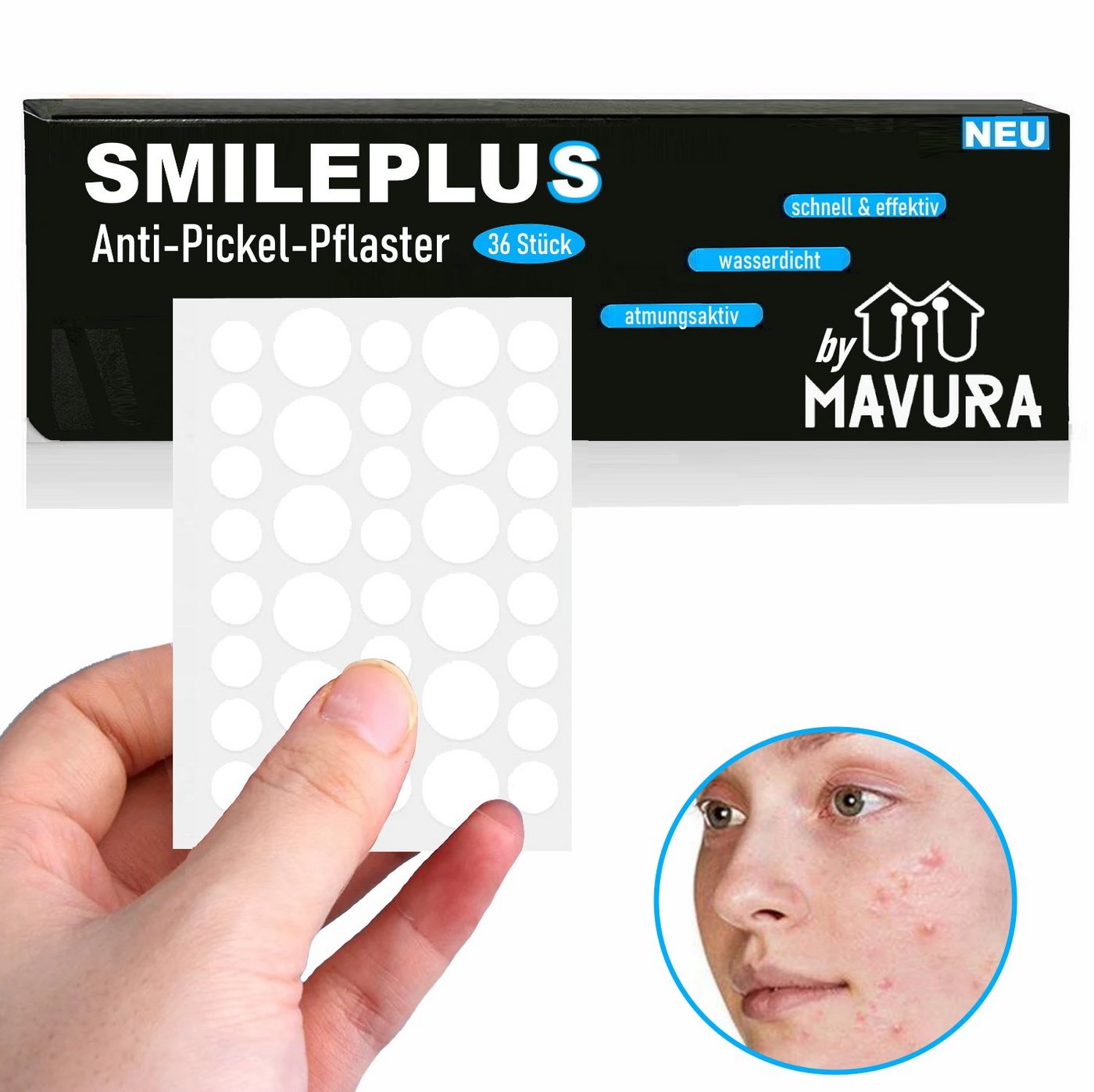 MAVURA Anti-Pickel-Pflaster SMILEPLUS XXL Akne Pflaster Set Hydrocolloid Patch Anti Pickel, Mitesser Verdecken Abdecken 36Stk von MAVURA