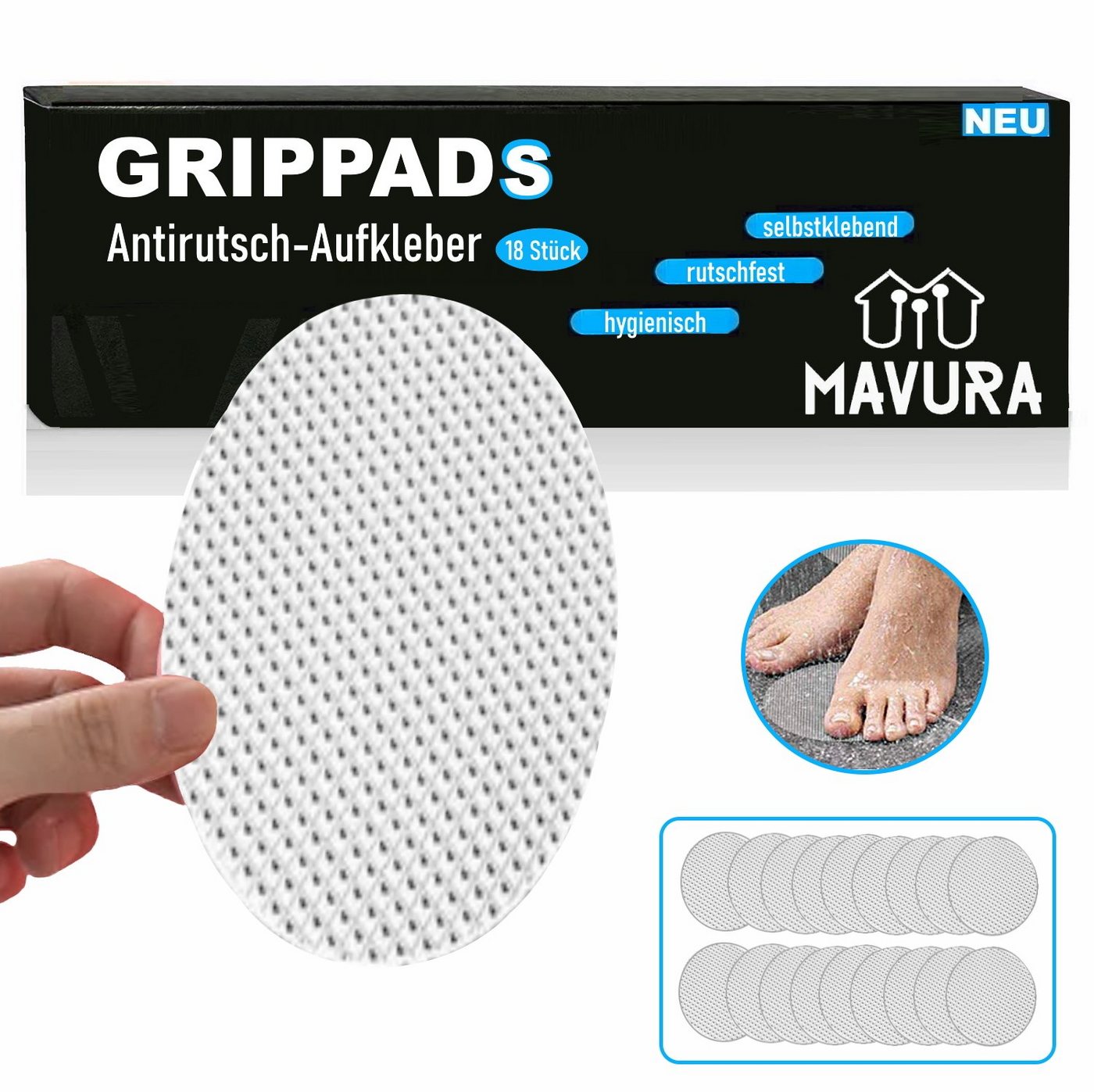 MAVURA Antirutsch-Aufkleber GRIPPADS Anti-Rutsch Aufkleber Sticker Badewanne Dusche, XXL Sticker Streifen Anti Rutsch Pads Rund Antirutschmatte18x von MAVURA