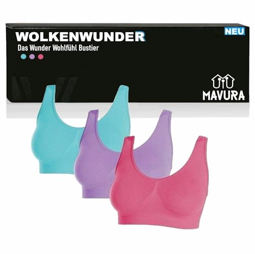 MAVURA WOLKENWUNDER Das Wunder Wohlfühl Bustier - Nahtloser Damen BH Ersatz komfortabler BH bügellos Pink/Lila/Türkis 3er Set, ohne bügel (Größe 3XL) von MAVURA