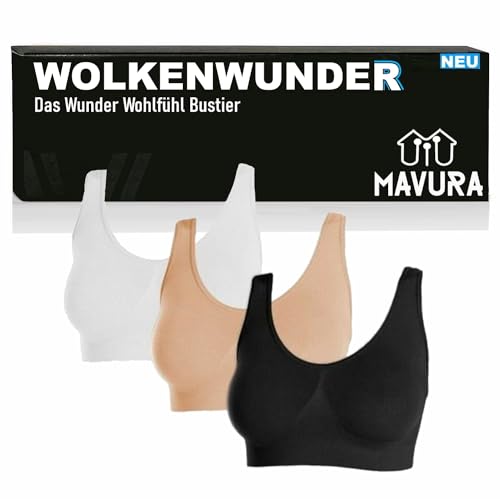 MAVURA WOLKENWUNDER Das Wunder Wohlfühl Bustier - Nahtloser Damen BH Ersatz - komfortabler BH bügellos - schwarz/weiß/beige - 3er Set, ohne bügel (Größe 3XL) von MAVURA