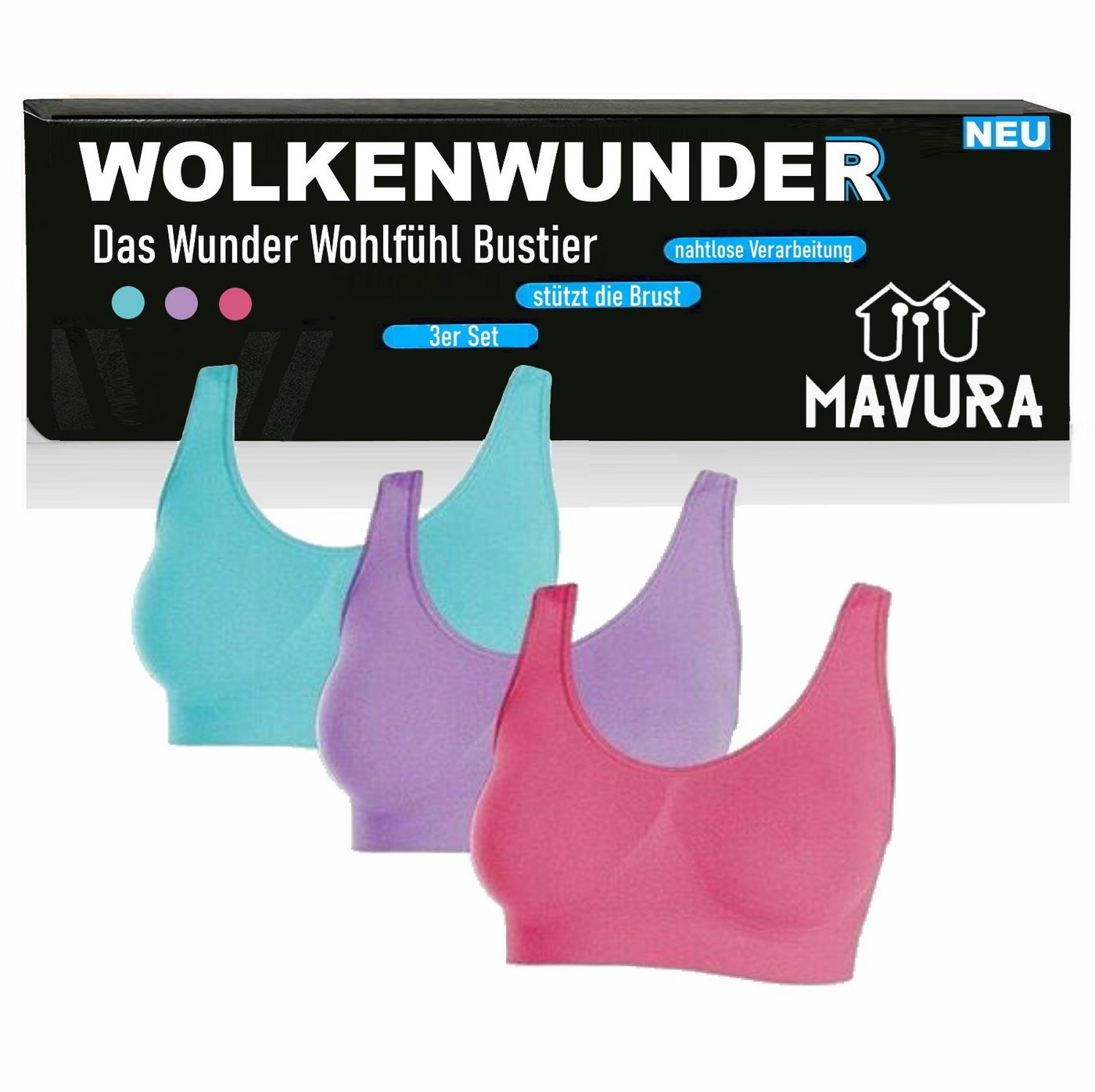 MAVURA Bustier WOLKENWUNDER Das Wunder Wohlfühl Bustier - nahtloser Damen BH Ersatz komfortabler BH bügellos Pink / Lila / Türkis 3er Set, ohne bügel von MAVURA