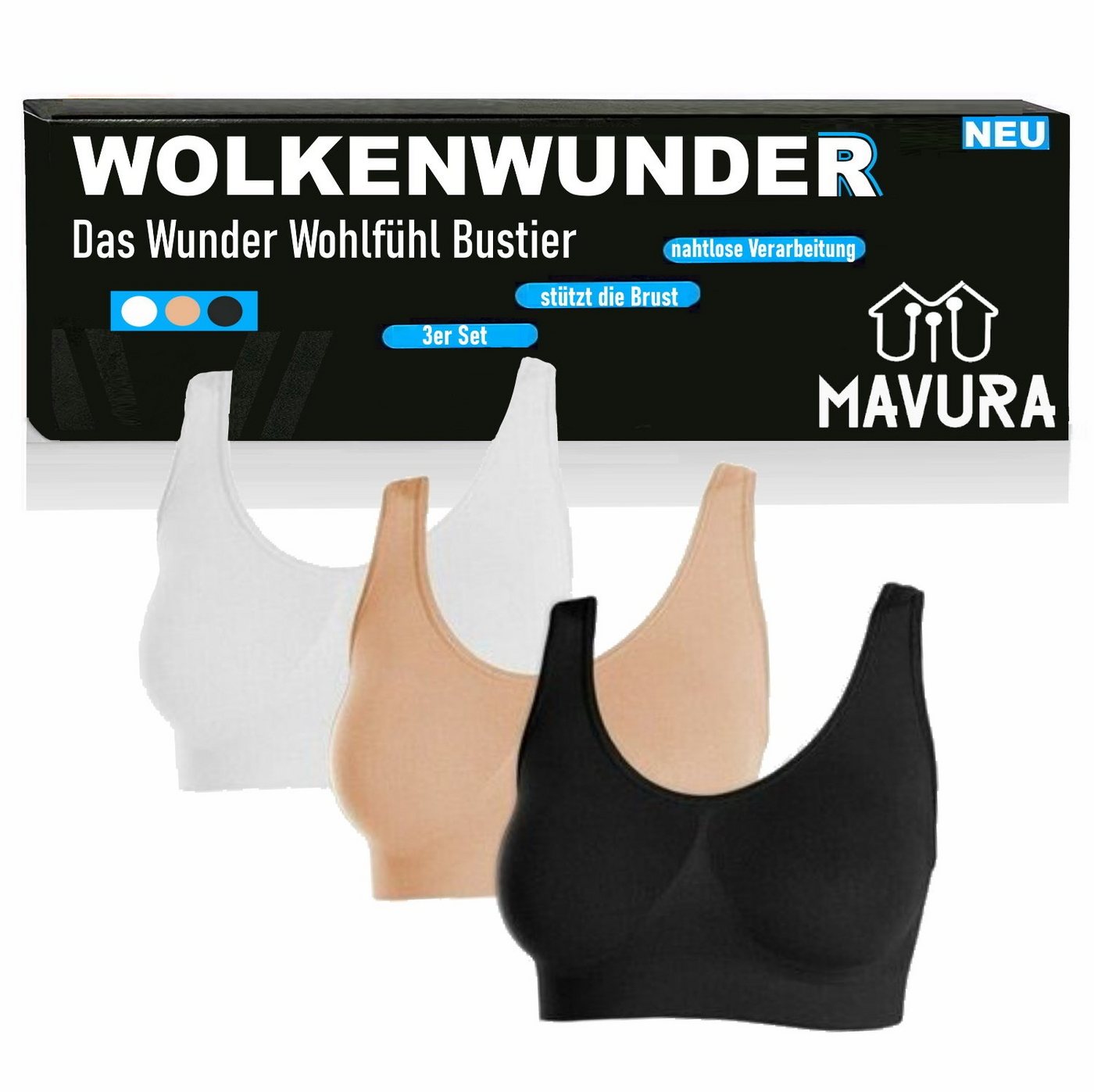 MAVURA Bustier WOLKENWUNDER Das Wunder Wohlfühl Bustier - nahtloser Damen BH Ersatz - komfortabler BH bügellos - schwarz / weiß / beige - 3er Set, ohne bügel von MAVURA