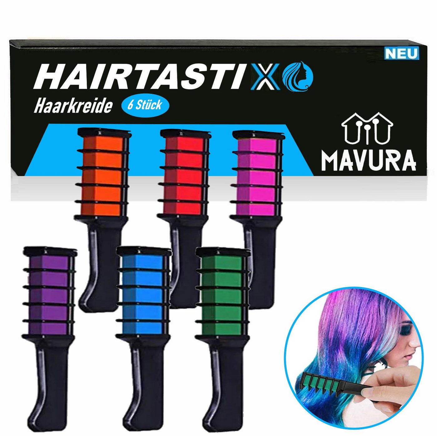 MAVURA Haarkreide HAIRTASTIX Haarfarbe Kamm Haartönung, Haarkam Kinder Tönung Temporär Set 6er von MAVURA