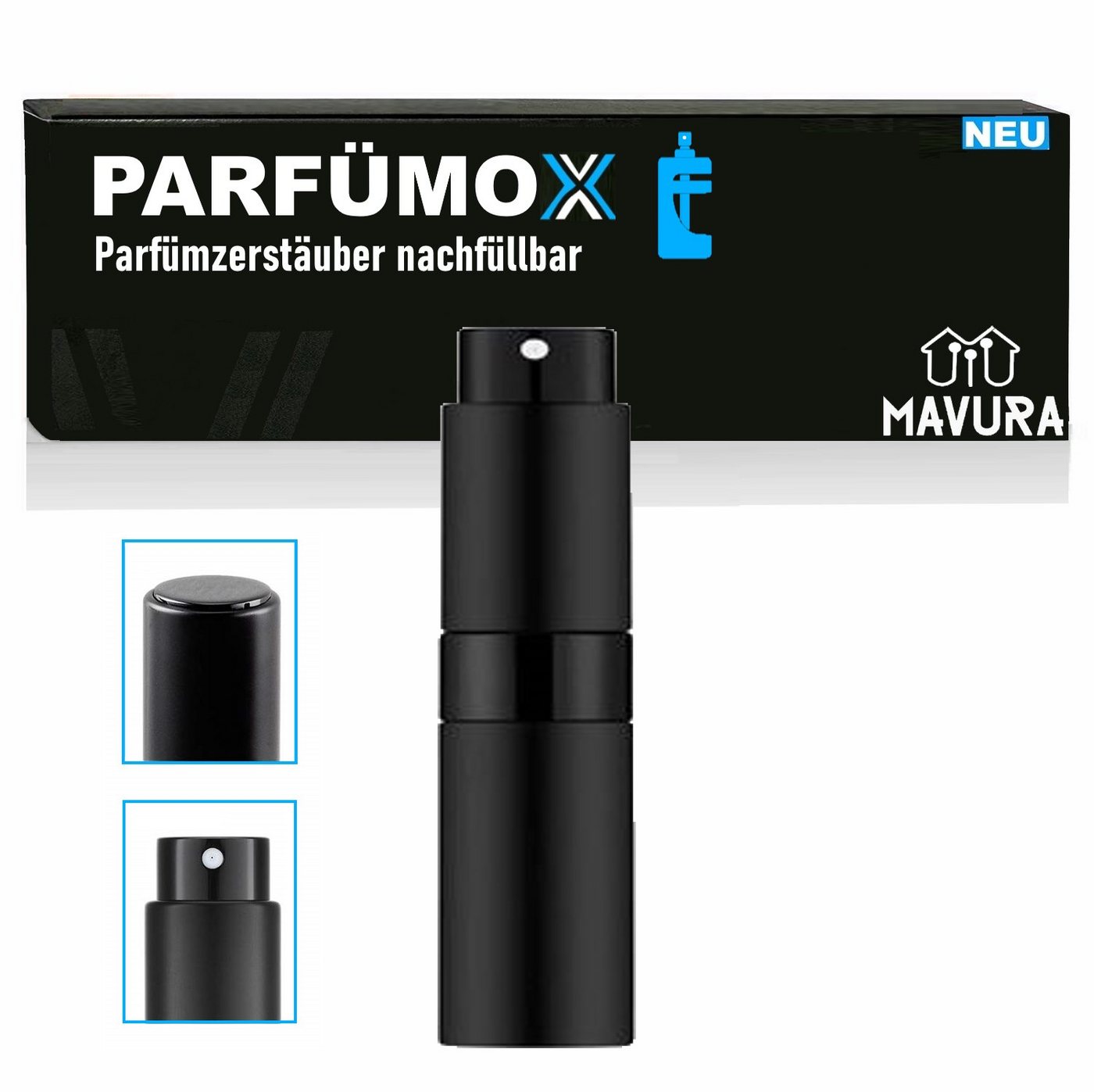 MAVURA Parfümzerstäuber PARFÜMOX Parfüm Zerstäuber Nachfüllbar Reise Tragbar Mini Parfum (Hochglanz Schwarz - 8ml), Flakon Leere Sprühflasche - für Damen und Herren von MAVURA