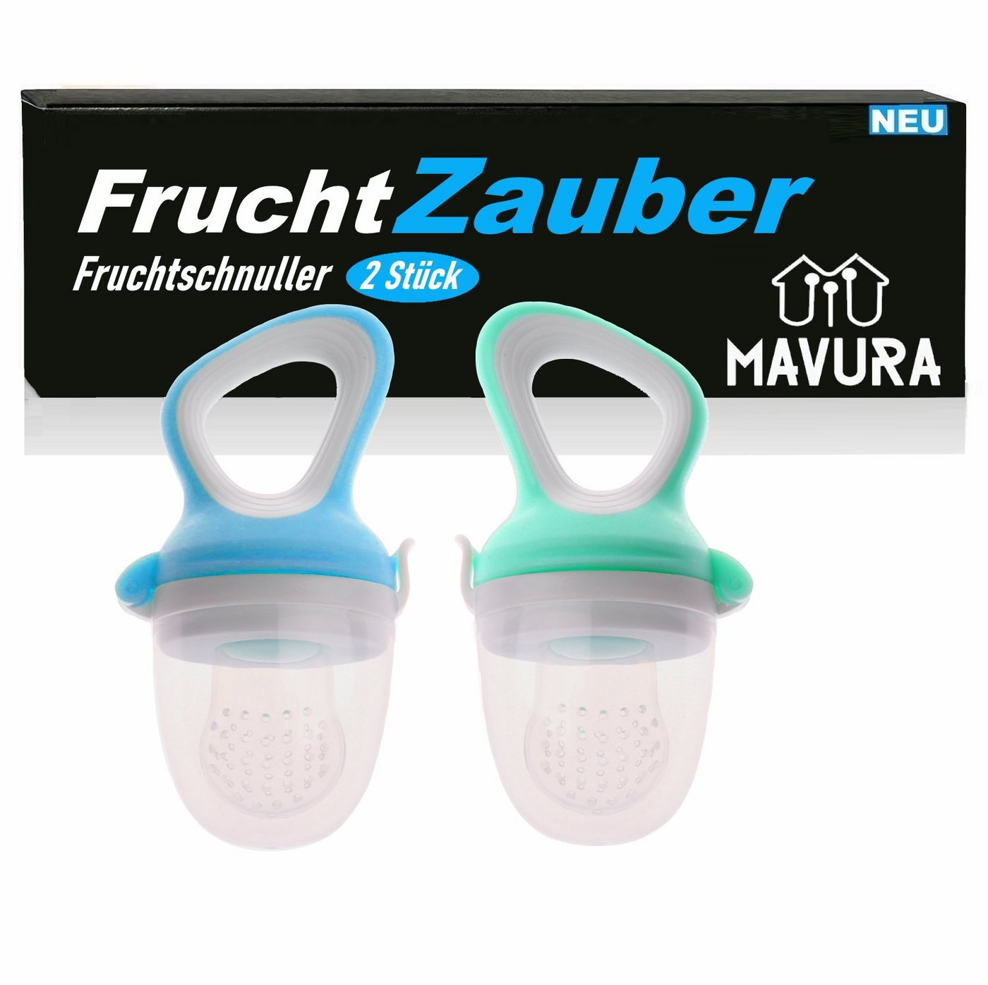 MAVURA Schnuller FruchtZauber Fruchtsauger Set Baby Obstsauger Beruhigungssauger, Fruchtschnuller Frucht Obstschnuller Nuckel Silikon BPA-frei Beißring von MAVURA