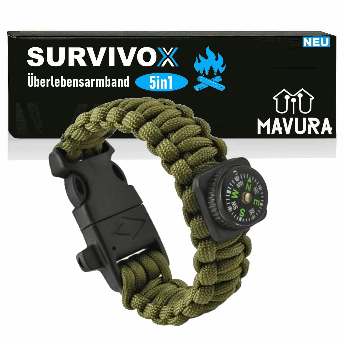 MAVURA Armband SURVIVOX Überlebensarmband Survivalarmband Survival Paracord Armband (Militär Outdoor Notfall Fallschirm Überleben), mit Feuerstein Kompass Notfallpfeife Seil Messer 5in1 von MAVURA