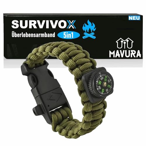 SURVIVOX Überlebensarmband Survivalarmband Survival Paracord Armband (Militär Outdoor Notfall Fallschirm Überleben), mit Feuerstein Kompass Notfallpfeife Seil Messer 5in1 von MAVURA