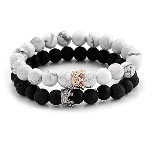 SteinLiebe Partner Armband Set King & Queen Anhänger, Perle Krone Marmor Optik Stein Liebe Geschenk Valentinstag von MAVURA