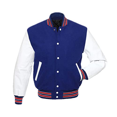 Herren American Style Varsity College Jacke Baseball Jacke, Letterman Bomber Wool Body mit PU Leder Ärmel Casual Jacke, Ärmel aus Kunstleder in Blau und Weiß – Wolle, XXX-Large von MAXDUD