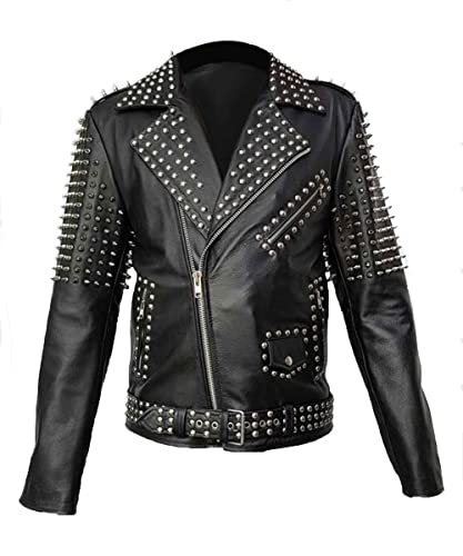 Herren Brando Spikes Metall Nieten Rock Punk Motorrad Schwarz Biker Lederjacke, Schwarz - Echtleder, XXXL von MAXDUD