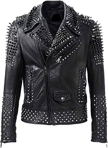 Herren Brando Spikes Nieten Rock Punk Motorrad Schwarz Biker Lederjacke, Schwarz - Echtleder, L von MAXDUD