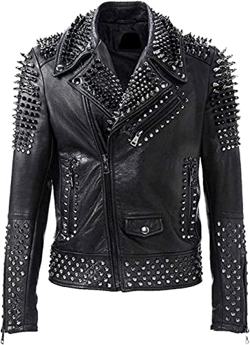 MAXDUD Herren Brando Spikes Nieten Rock Punk Motorrad Schwarz Biker Lederjacke, Schwarz - Echtleder, 4XL von MAXDUD