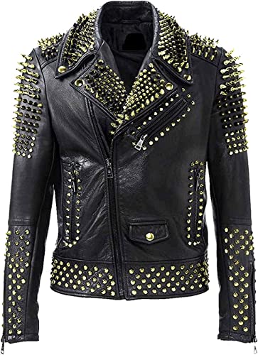 Herren Brando Spikes Nieten Rock Punk Motorrad Schwarz Biker Lederjacke, Schwarze Jacke aus echtem Leder mit goldenen Nieten, XXXL von MAXDUD