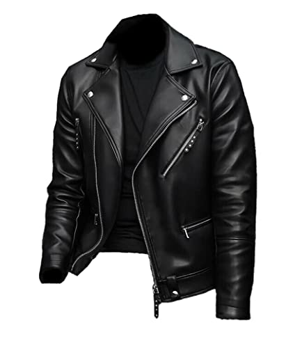 Herren Brando Style – Negan Jacke Slim Fit Motorrad Schwarz Biker Lederjacke, Schwarz - Echtleder, X-Small von MAXDUD