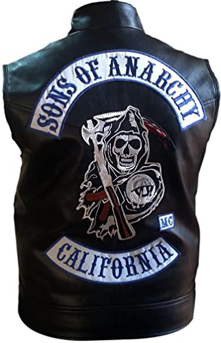 Herren Cosplay SOA Son of Anarchy Biker Club California Kunstlederjacke – Westen & Hoodie für Herren, Soa Weste schwarz - Kunstleder, XX-Small von MAXDUD